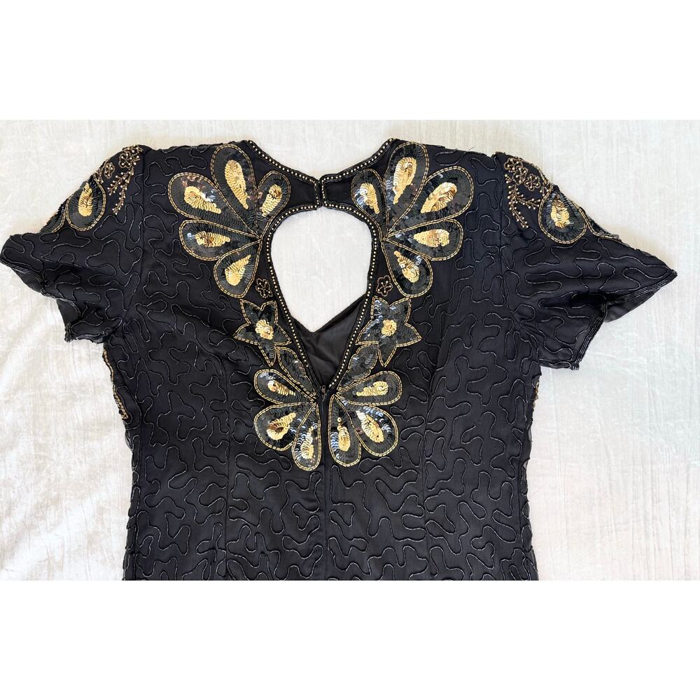 Vintage Black & Gold Sequined Beaded Short Sleeve Cocktail Party Dress Size 2X - Picture 7 of 10